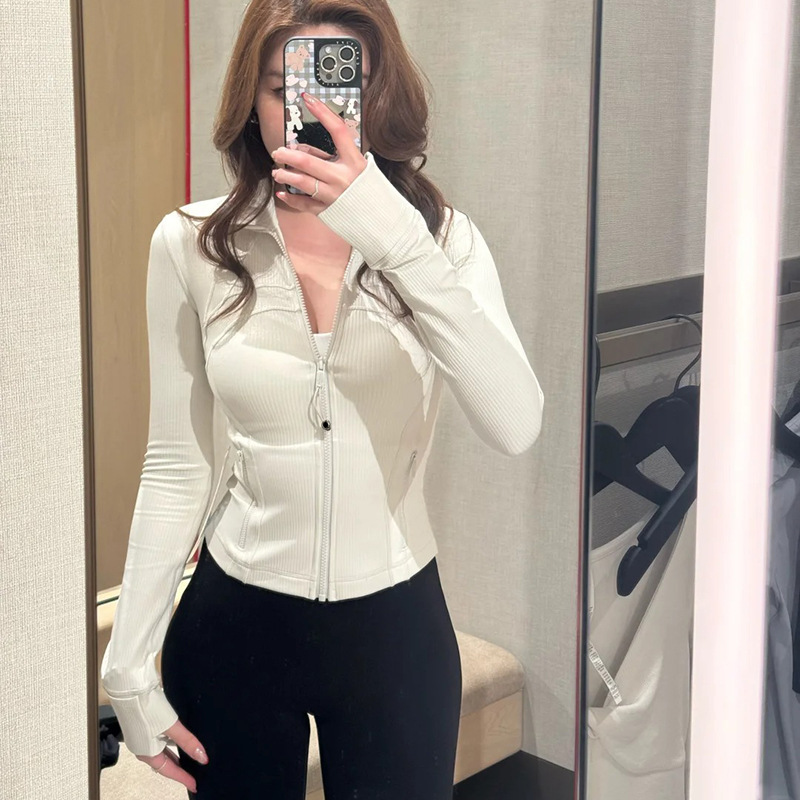 New Style Threaded Short Slim-Fit Jacket Sports Stand-Up Collar Jacket Long-Sleeved Top Women's Outdoor Running Fitness Yoga Wear