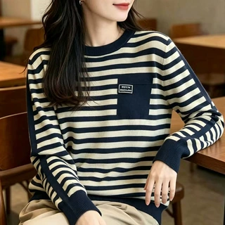 2026秋冬新款撞色条纹针织衫女圆领宽松毛衣女装衣服长袖打底上衣