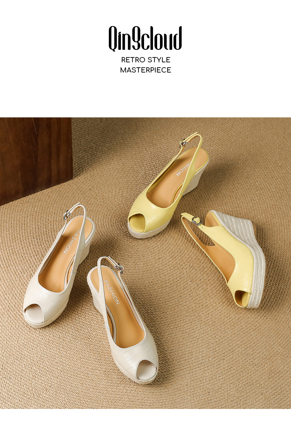 Sandal cao gót nữ hở mũi quai ngang đế xuồng đan rơm — màu trắng ngà, màu vàng chi tiết 13