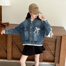 女童秋季牛仔外套2025新款女大童秋装时尚蕾丝蝴蝶结短款夹克潮