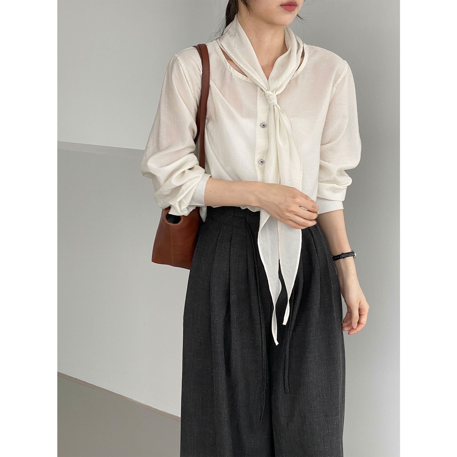 Then Korean Style Work Clothing Elegant Ribbon Shirt Women's Lyocell Wool High-End Front and Back Two-Piece Top 5051