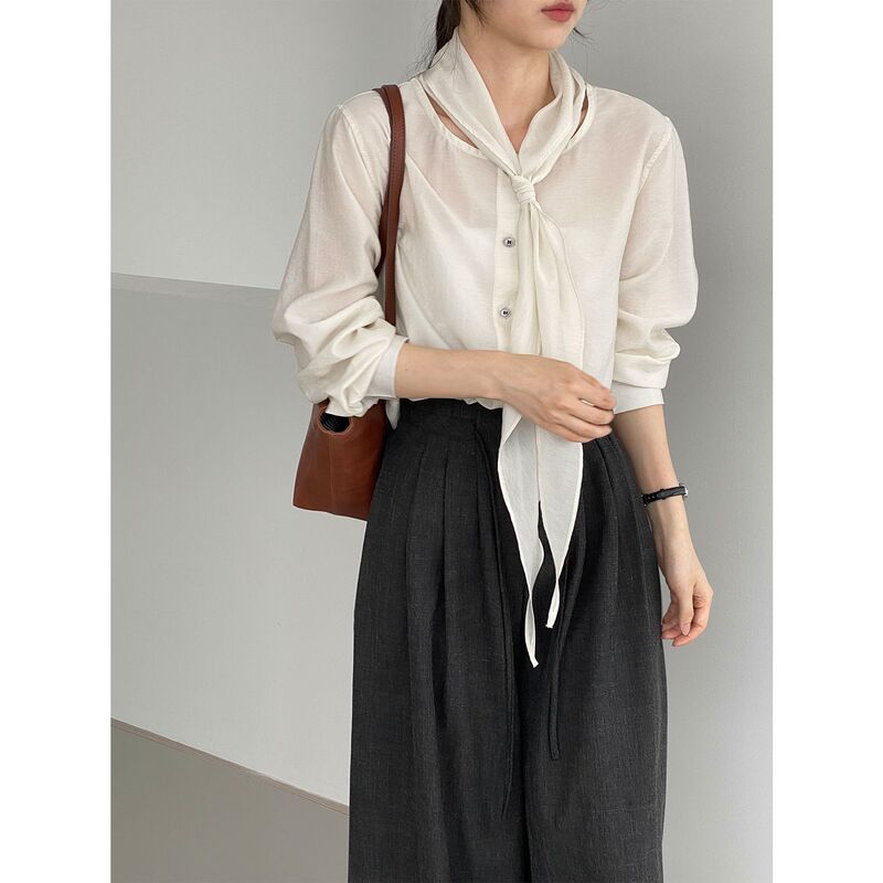 Then Korean Style Work Clothing Elegant Ribbon Shirt Women's Lyocell Wool High-End Front and Back Two-Piece Top 5051