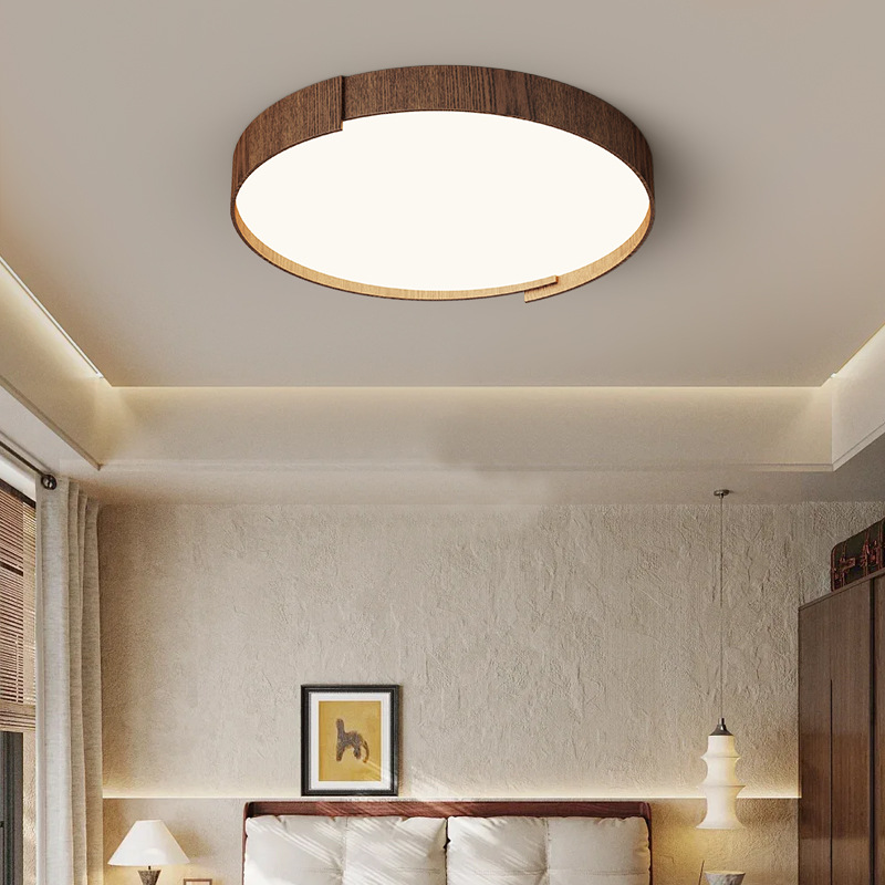 Lámpara de techo de dormitorio de estilo retro, personalidad de moda, grano de madera de nogal moderno, lámpara de sala de estar de protección ocular de espectro completo redondo