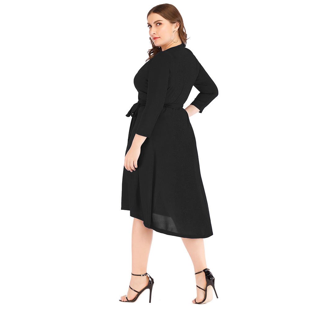  plus size v-neck solid color long-sleeved belted package hip dress nihaostyles wholesale clothing NSJR84921