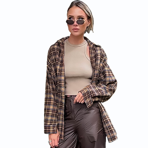 European-style spring retro plaid shirt for women, mid-length design with a stylish base layer, loose-fitting plaid shirt.