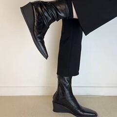 超好着 ~ 厚い底の坂とブーツの角の弾力性のやせている靴の新型の後ファスナーのハイヒールのショートブーツの通勤の靴