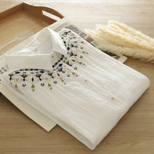 双层棉纱长袖衬衫女宽松秋装民族风刺绣小花纯棉柔软女士衬衣上衣