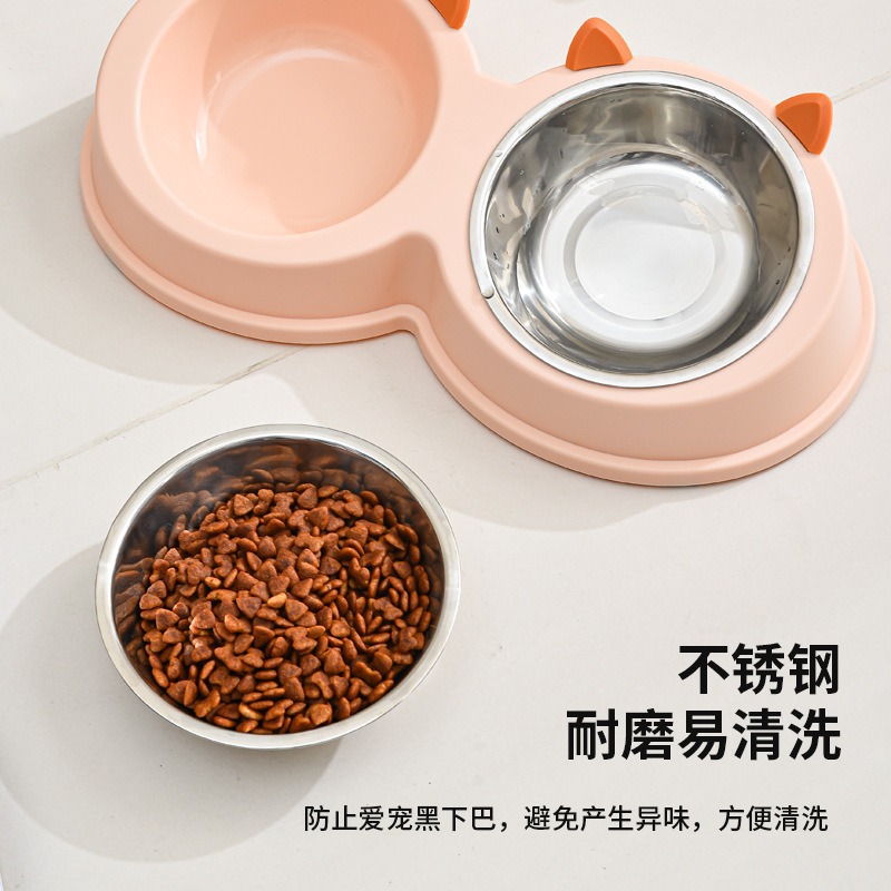 Nuevo tazón para mascotas de acero inoxidable con orejas de gato, tazón doble, anti-volcado, lavabo para perros, perros y gatos, agua potable universal para gatos, tazón para gatos