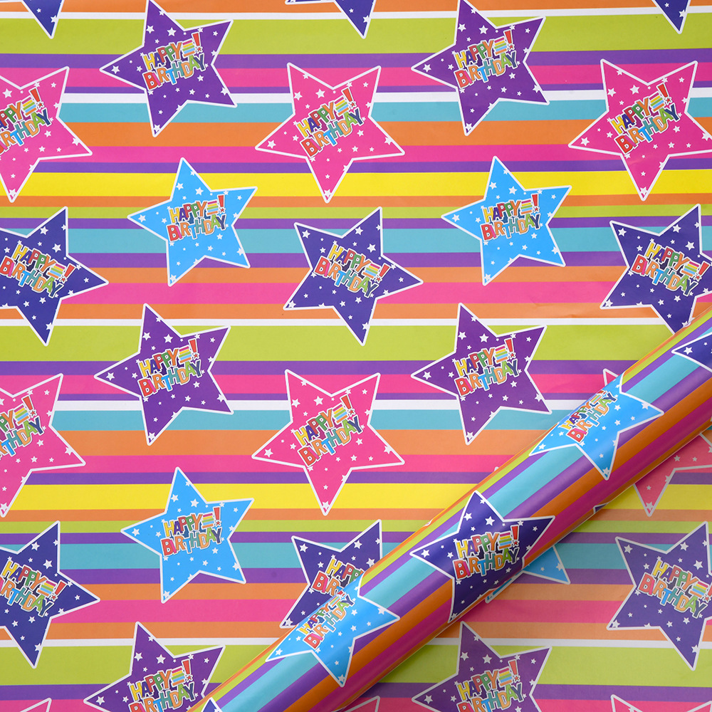 Papel de regalo de cumpleaños con estrellas de cinco puntas y letras coloridas de Amazon, papel de regalo creativo con dibujos animados para libros.