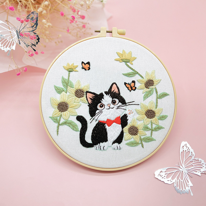 Flor gato traje colgante pintura Lu bordado dibujos animados animal inglés novato bolsa bordado DIY material bolsa salón colgante hecho a mano