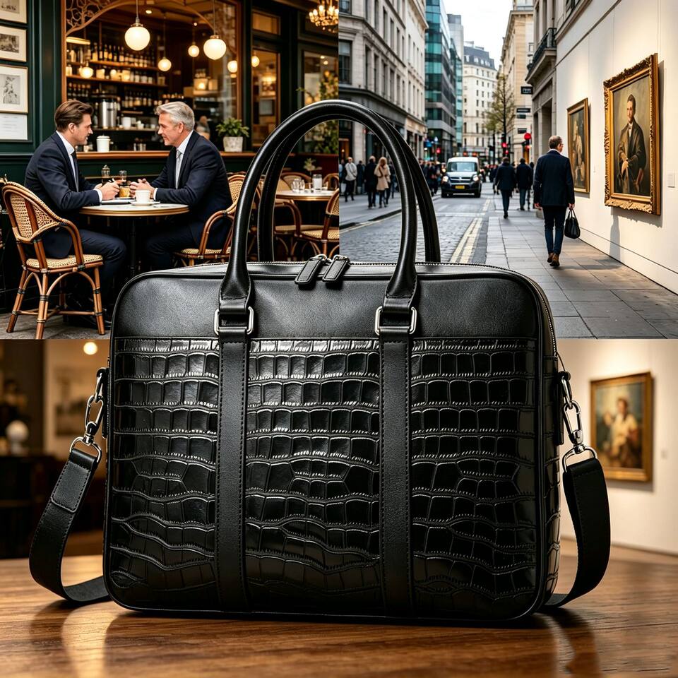 Túi xách tay nam da bò lớp đầu vân cá sấu, đeo chéo dung tích lớn 39×7×29 cm — màu đen