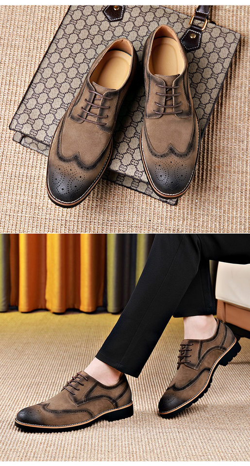 Giày Brogue nam da lộn phong cách Anh, giày lười mũi nhọn đế cao su, phối chỉ khâu — 858 kaki, 858 màu nâu sẫm, 858 đen chi tiết 31