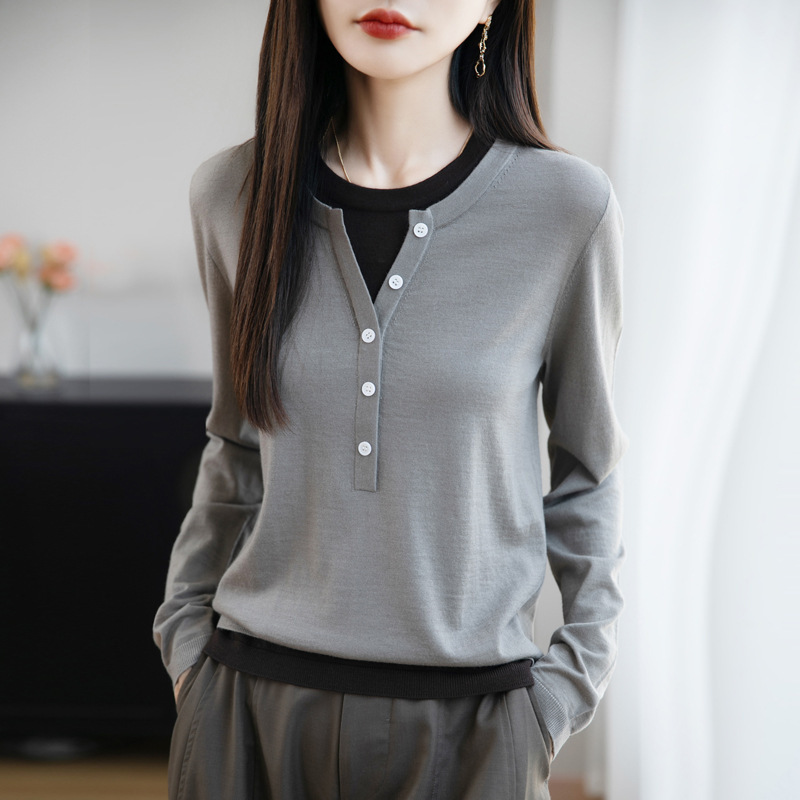 撞色假两件套头针织衫女2025秋季新款韩系设计感甜美风打底毛衣女|undefined