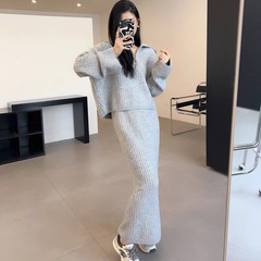 慵懒风半拉链翻领毛衣套装女秋冬季韩版宽松休闲针织半身裙两件套