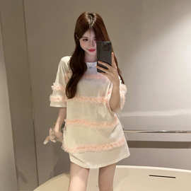DM6078东南亚跨境外贸女装批发时尚设计感褶皱花边拼接圆领T恤女