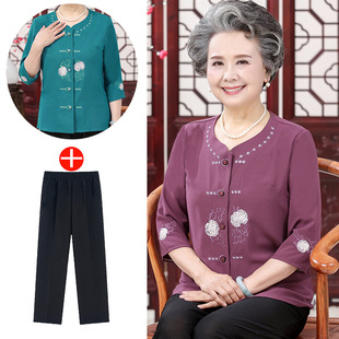 Grandma's Summer Shirt, Three-Quarter Sleeve Mother's Suit, Middle-Aged and Elderly Women's Summer Suit, Embroidered Old Lady's Chiffon Shirt