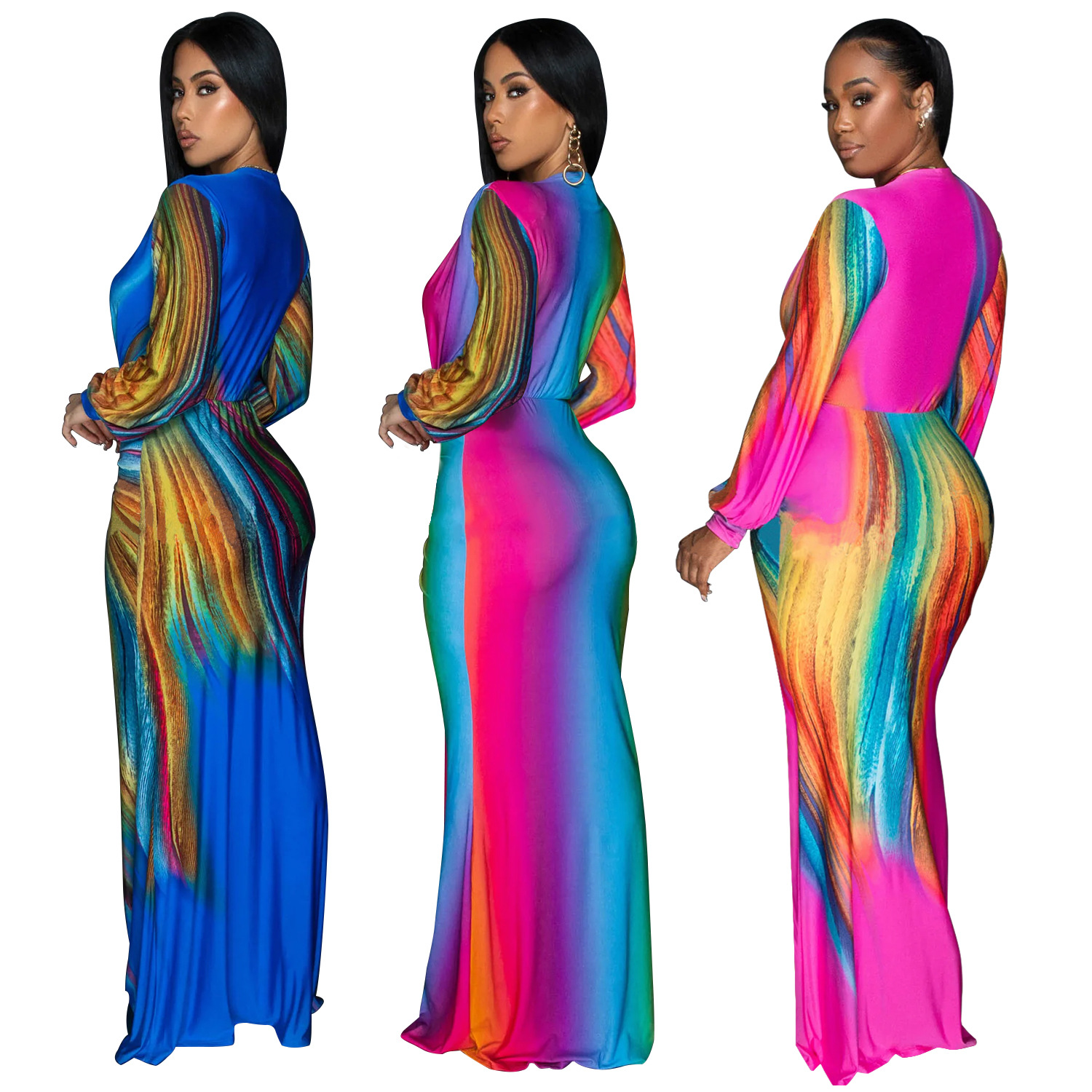 C6952 AliExpress transfronterizo Amazon estación independiente de moda europea y americana ropa de mujer de color plegado vestido casual largo image 6