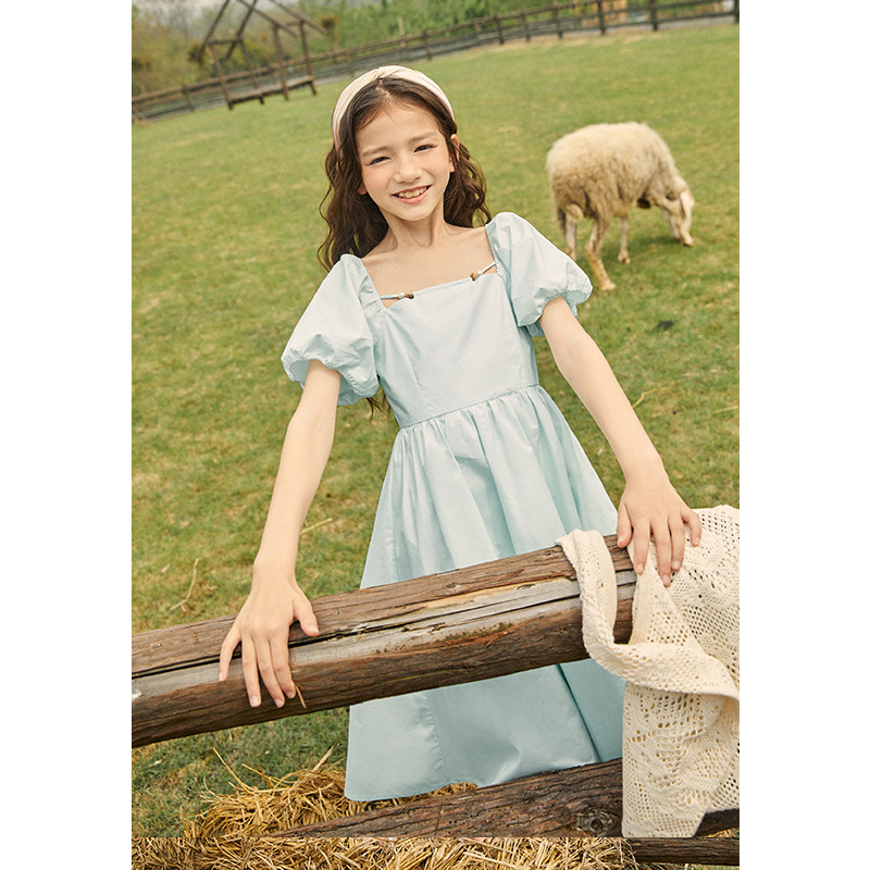 Sanluo Children's Clothing Girls' Dress 2025 Summer New Style Medium and Large Children's Pure Cotton Breathable Children's Puff Sleeve Princess Dress