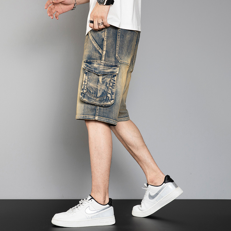 Foreign Trade Cross-Border Yellow Mud Color Six-Pocket Workwear Multi-Pocket Denim Shorts for Men, Loose Trendy Brand Large Size Mid-Length Pants Foreign Trade Cross-Border Yellow Mud Color Six-Pocket Workwear Multi-Pocket Denim Shorts for Men, Loose Trendy Brand Large Size Mid-Length Pants