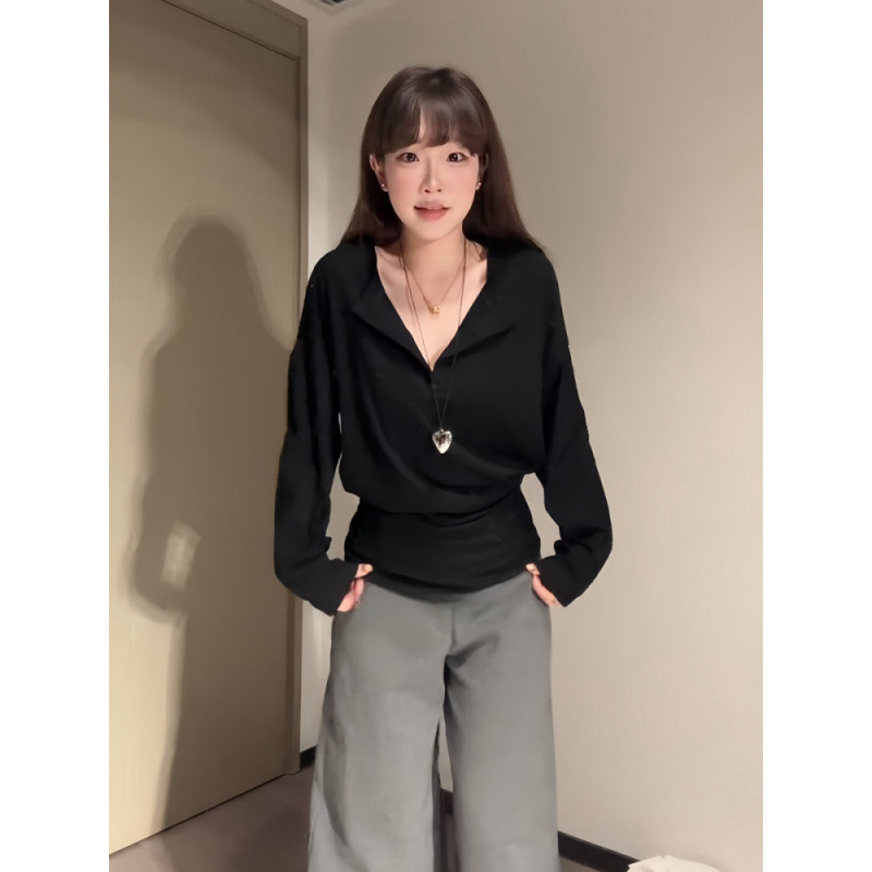 【1304人集め】ハーフオープンカラー無地長袖Tシャツレディース2025春新作韓国風シンプルゆったり|undefined