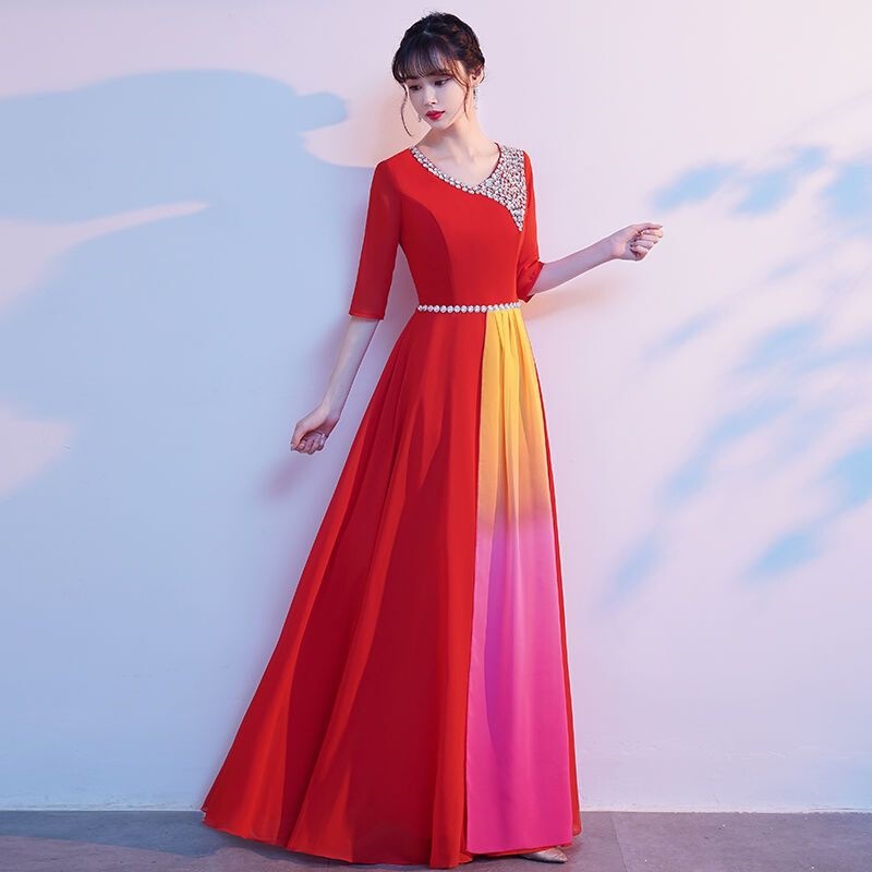 New Style Red Song Recitation Handmade Rhinestone Adult Choir Dress for Hosting Performances, Slim-Fit and Flattering Women's Long Dress New Style Red Song Recitation Handmade Rhinestone Adult Choir Dress for Hosting Performances, Slim-Fit and Flattering Women's Long Dress