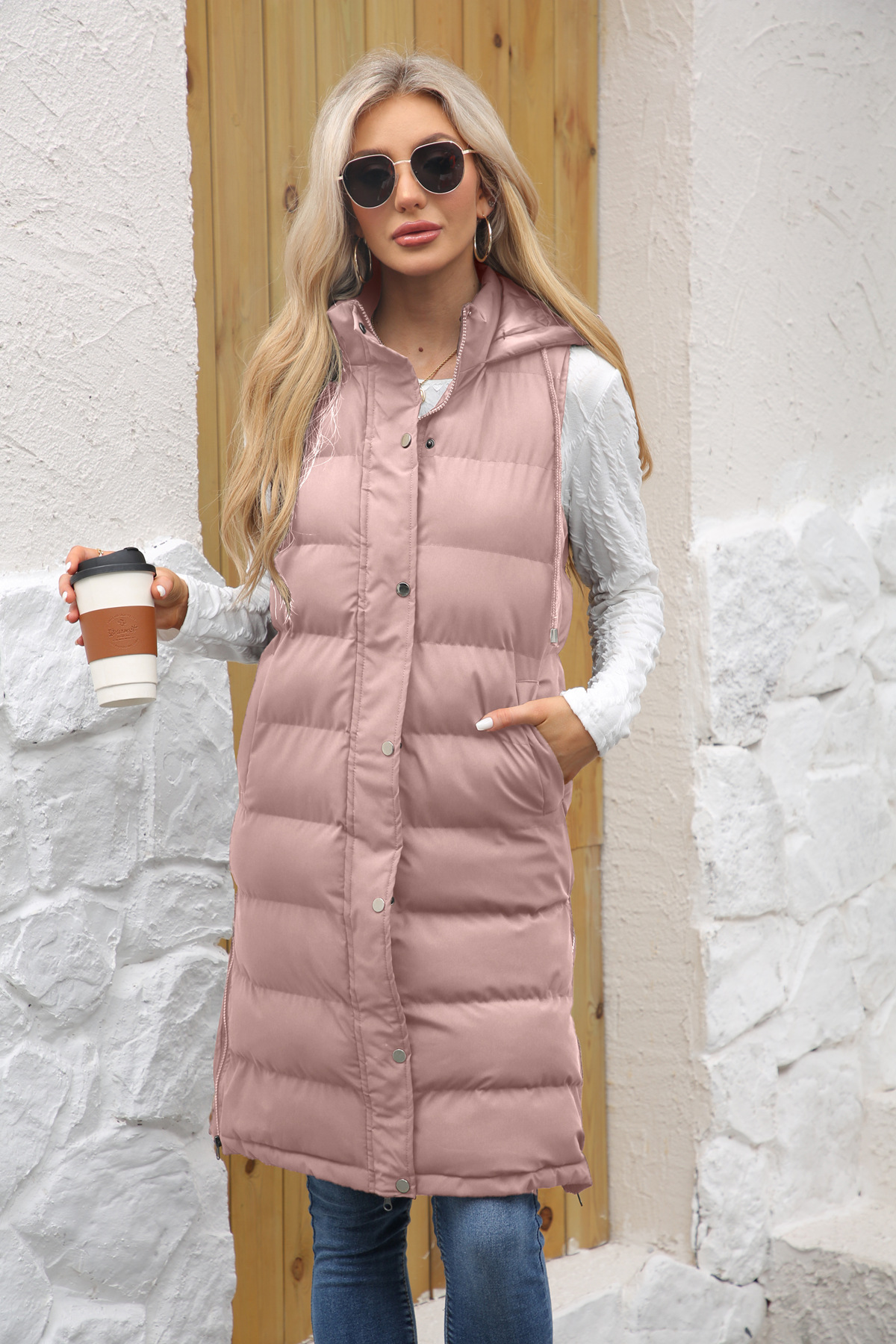 Women's Long Sleeveless Hooded Vest With Zip Front, Quilted Padded Jacket For Winter, Casual Outerwear In Solid Colors_voghion.com