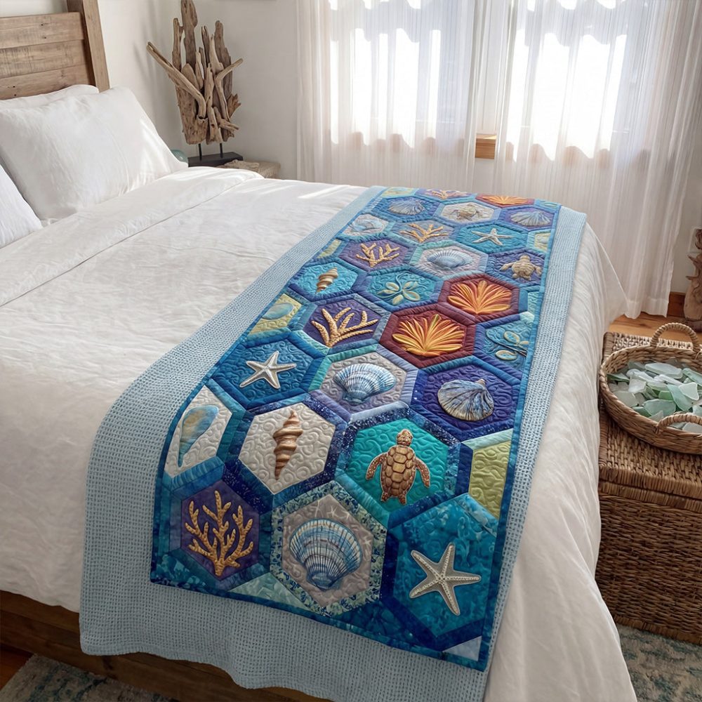 Cross-border exclusive supply of starfish and shell pattern quilted bed runner, digitally printed, suitable for all seasons, direct from the manufacturer