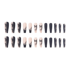 簡約黑色蝴蝶線條長款芭蕾甲歐美穿戴美甲批發