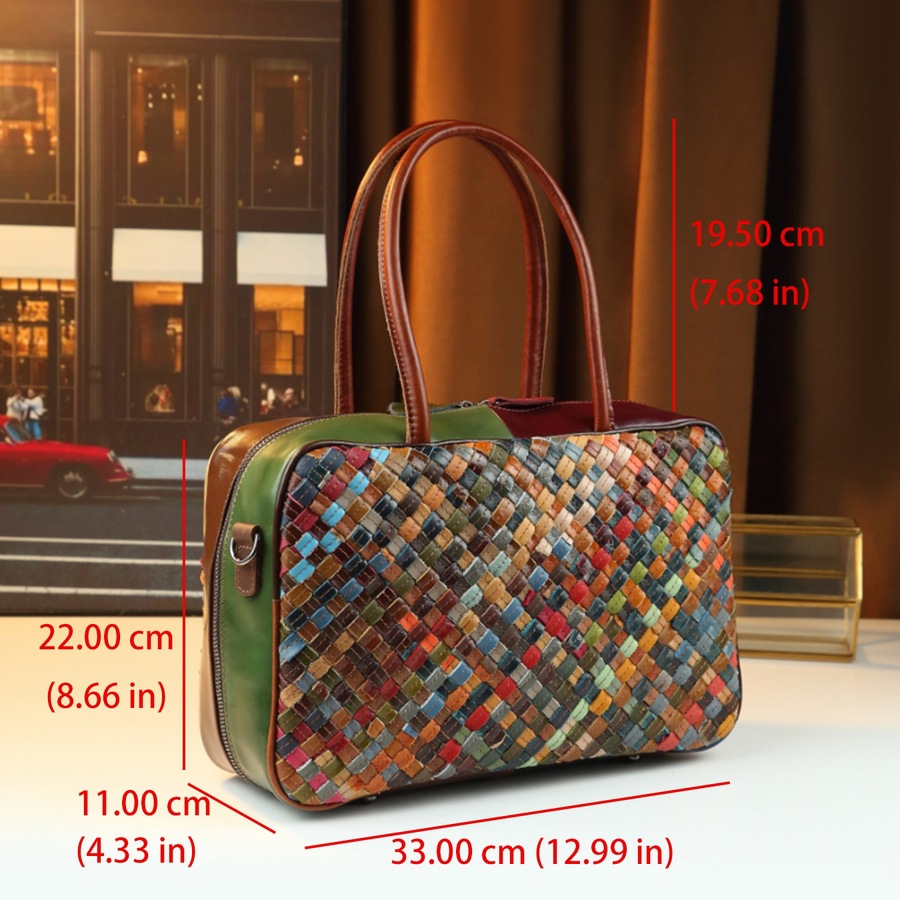 Retro Women's Handbag Top Grain Cowhide Fashion Large Capacity Patchwork Woven Shoulder Bag_voghion.com