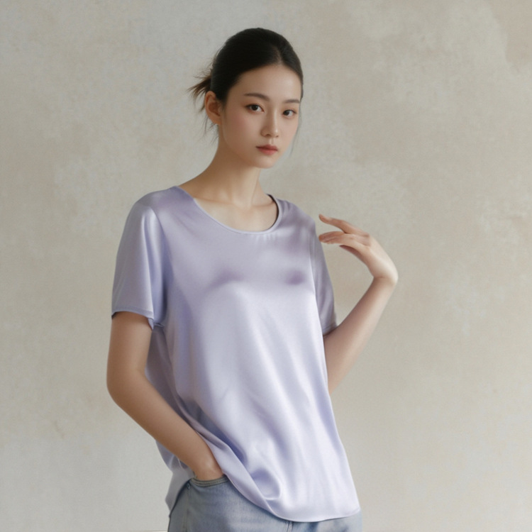 Heavy 22 Mm Mulberry Silk Satin Round Neck Mulberry Silk T-shirt Top Short Sleeve Shirt Women's Spring and Summer New Generation