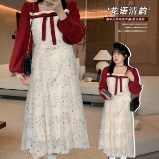 7847 Xuanchen New Chinese Floral Dress National Style plus size dress Red Slimming Mid-length Retro Dress