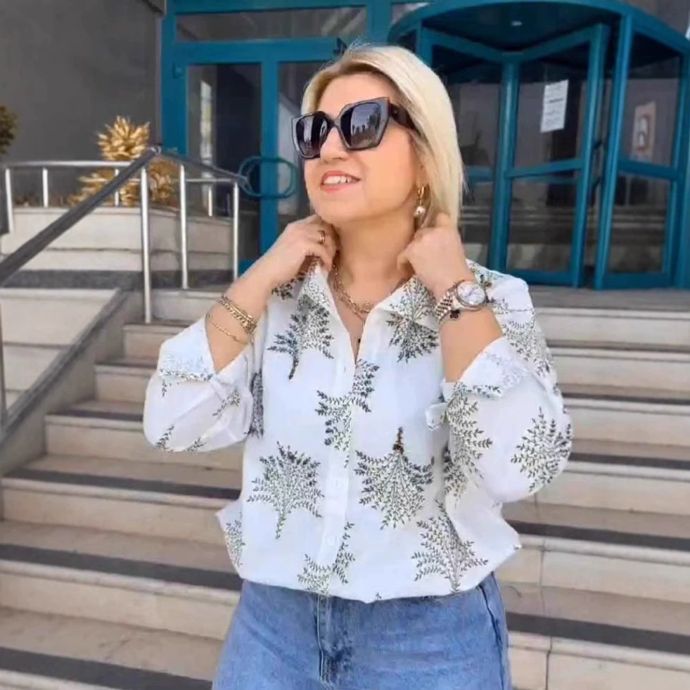 Европейская и американская трансграничная новинка 2025 года: свободная модная повседневная женская рубашка-кардиган с растительным принтом