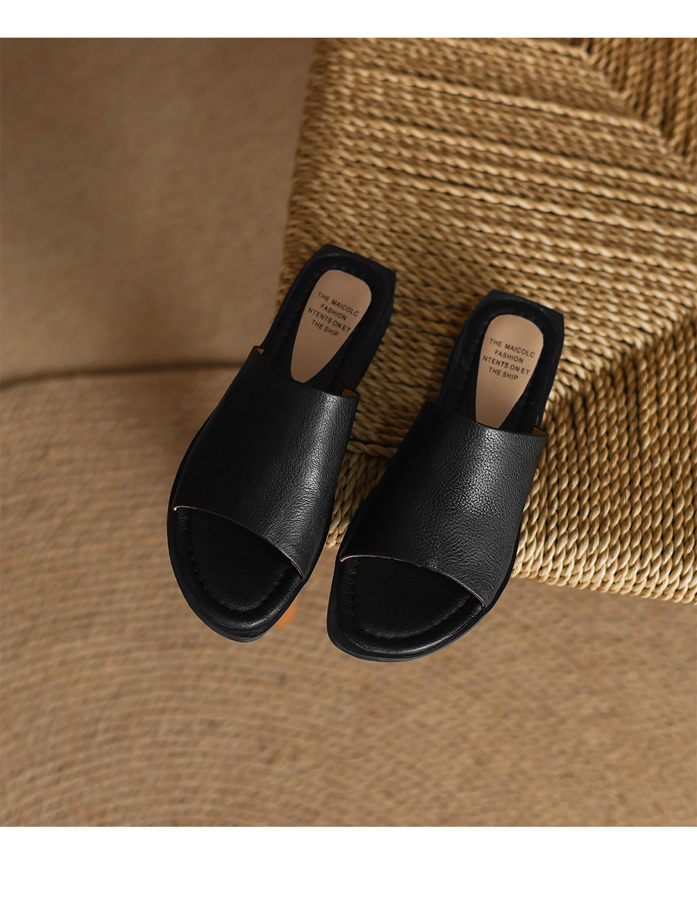 Sandal hở mũi nữ gót thấp da dê mũi vuông quai ngang — màu nâu chi tiết 22