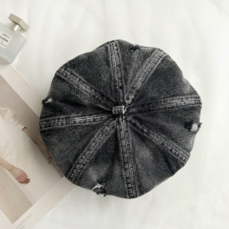 Retro coreano hace viejos agujeros vaqueros boina de mujer cabeza grande cara pequeña gorra gorra pintora gorra universal