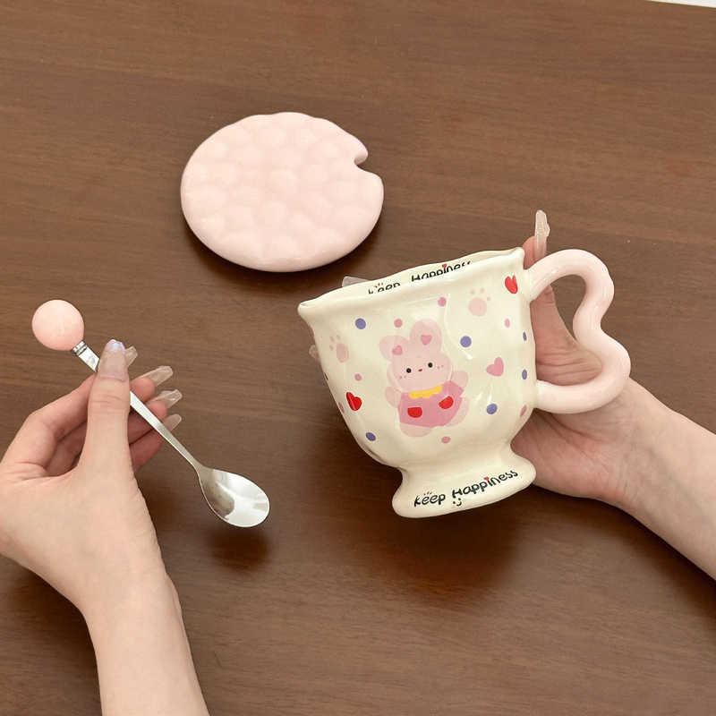 可爱波点小兔创意高颜值卡通水杯陶瓷马克杯带盖勺生日礼物送女生|undefined