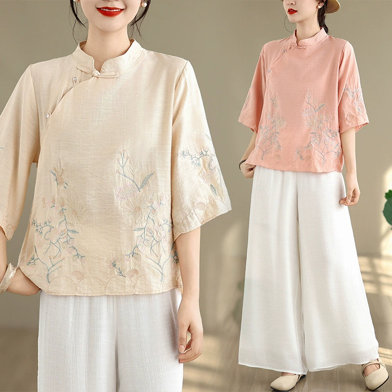 Новая китайская ретро вышивка летом 2025 года улучшенная китайская одежда широкие брюки повседневная свободная китайская одежда
