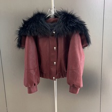 2024冬时尚新款超大貉子毛海军领韩版白鹅绒羽绒服皮草外套麂皮绒