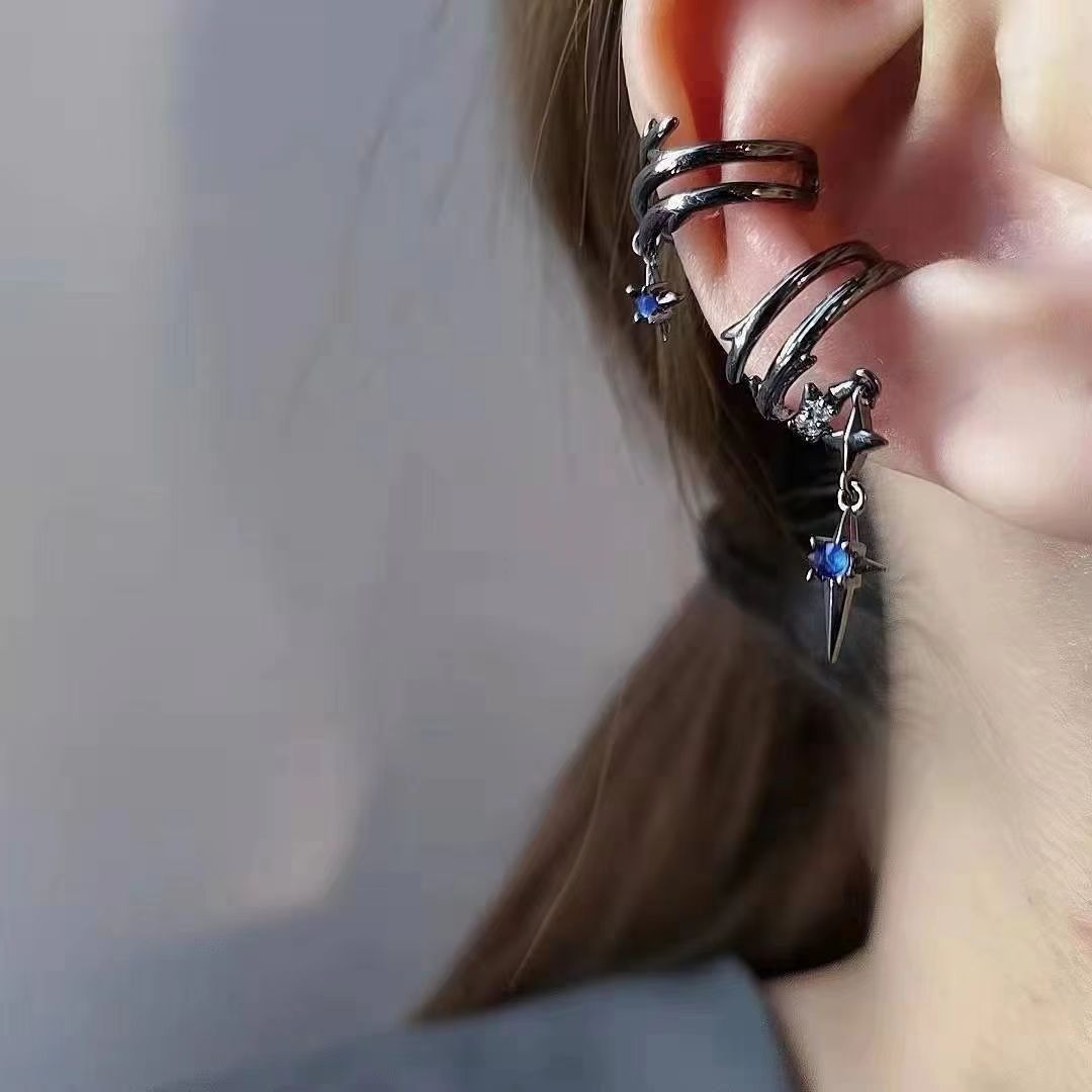 Thorns Starburst Retro Ear Clip Cold Style Sexy High-end Ear Bone Clip Asymmetric Tassel Non-pierced Ear Jewelry