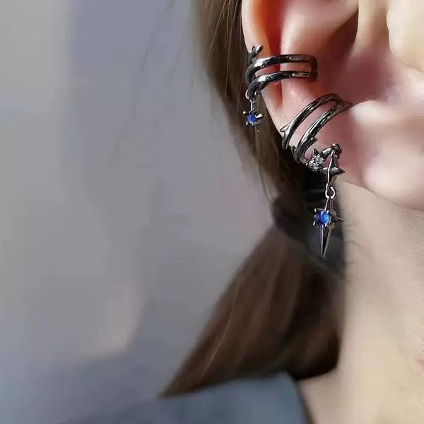 Thorns Starburst Retro Ear Clip Cold Style Sexy High-end Ear Bone Clip Asymmetric Tassel Non-pierced Ear Jewelry