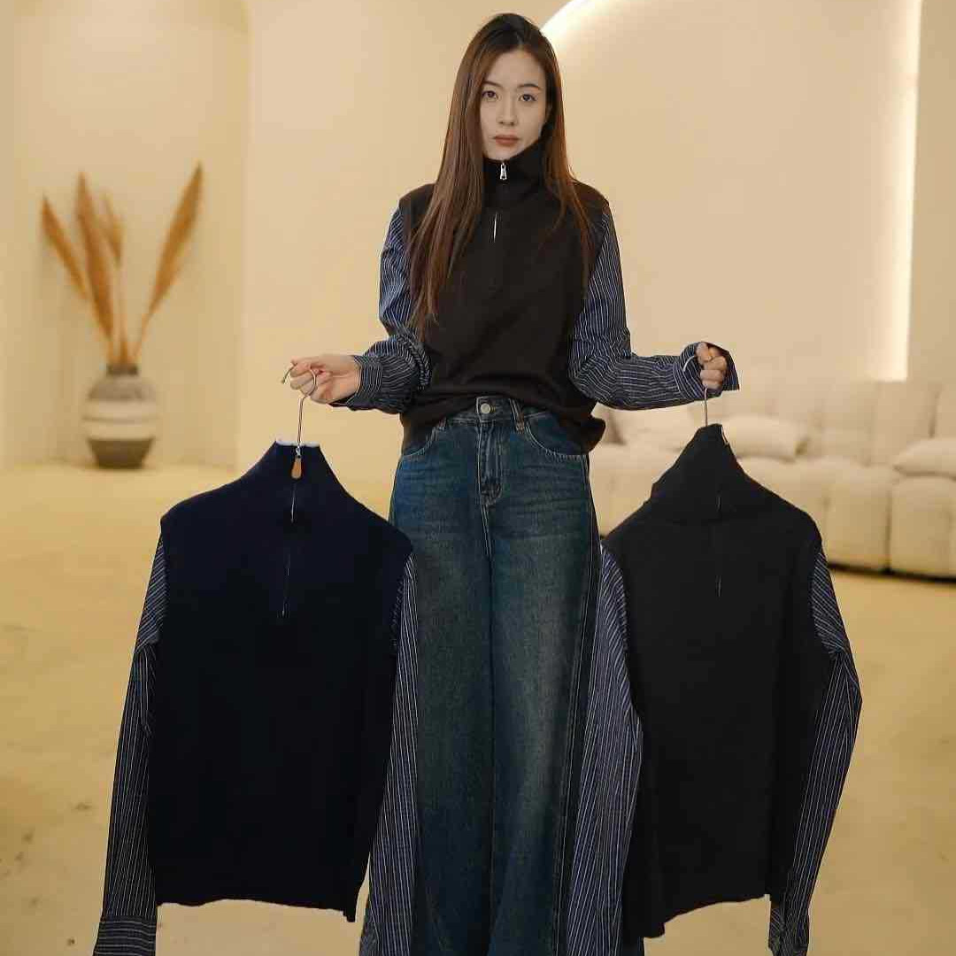 H1030-167欧韩潮流拼袖半拉链时尚白搭上衣G