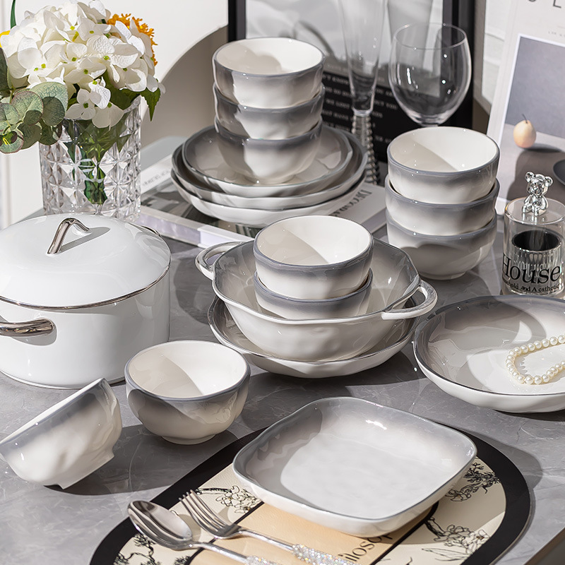 Dishes Household Set 2025 New Style 2-10 People High-End Gradient Gray Underglaze Color Bowls, Chopsticks and Plates Housewarming Tableware Dishes Household Set 2025 New Style 2-10 People High-End Gradient Gray Underglaze Color Bowls, Chopsticks and Plates Housewarming Tableware