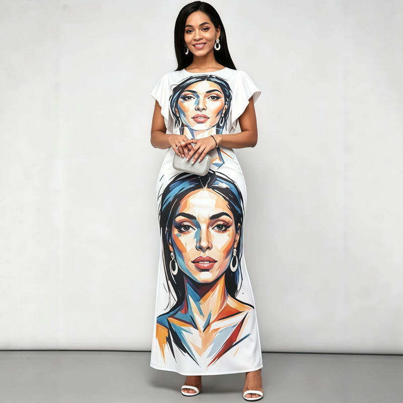 European and American Style Abstract Art Portrait Print White Dress, Color-Blocking Design, Slim Fit, Plus Size, Workwear Long Dress European and American Style Abstract Art Portrait Print White Dress, Color-Blocking Design, Slim Fit, Plus Size, Workwear Long Dress