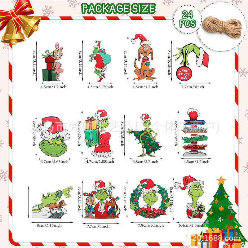 24ピースクリスマスグリンチ木制ペンダントクリスマスグリンチクリスマスツリー装饰クリスマスパーティー装饰用品|undefined