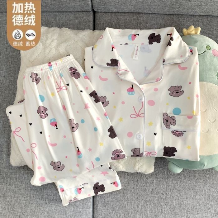 Al por mayor transfronterizo otoño y invierno explosión de ternilla caliente pijama de manga larga mujer traje dulce cardigán de dibujos animados con solapa ropa para el hogar