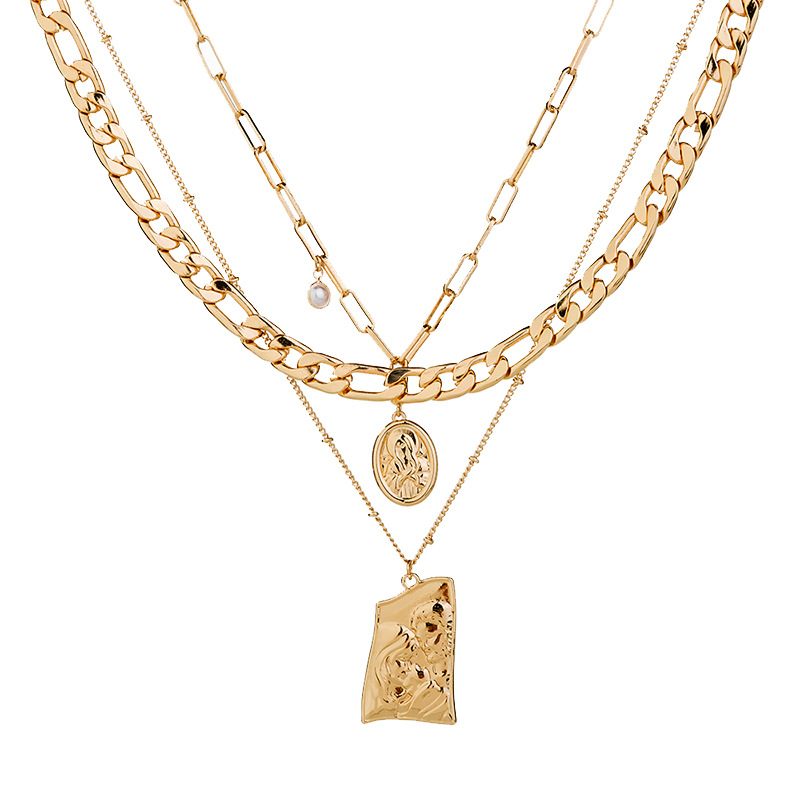 Hip-hop Cuban Chain Multi-layer Necklace With Character Tag_voghion.com