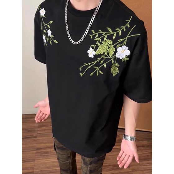 Heavy Industry Street New Chinese Flower Embroidery Profile Short-sleeved T-shirt Men's and Women's National Fashion All-match Round Neck Summer Clothes