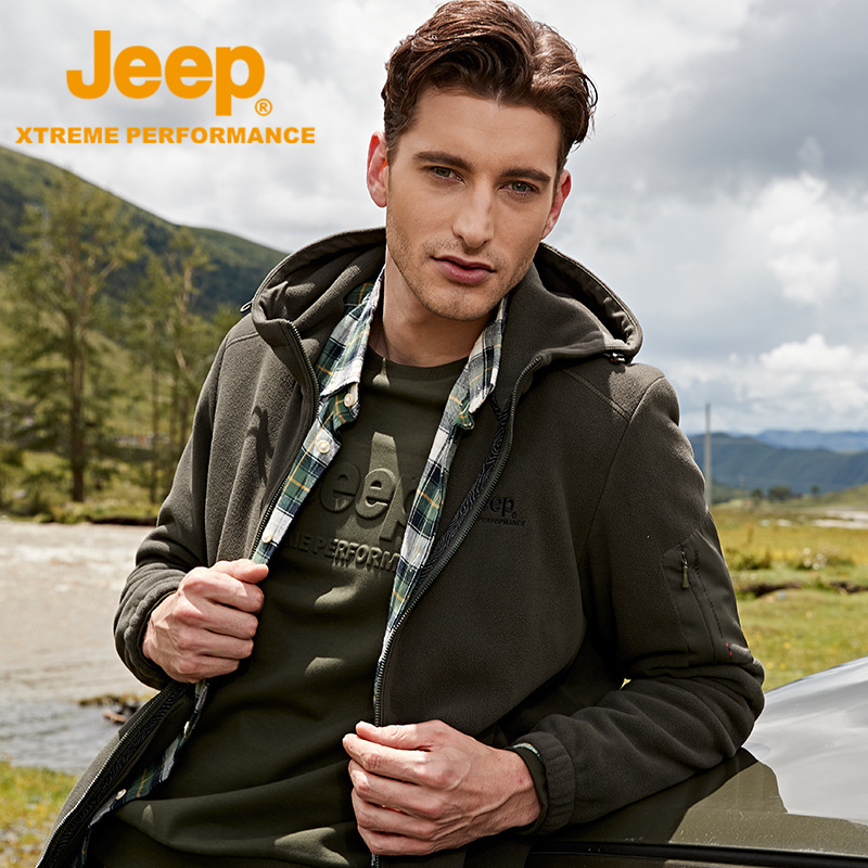 Jeep Fleece Jacket Men's Thickened Fleece Jacket Double-sided Fleece Warm Men's Hooded Mountain Mountaineering Jacket with Trendy Liner