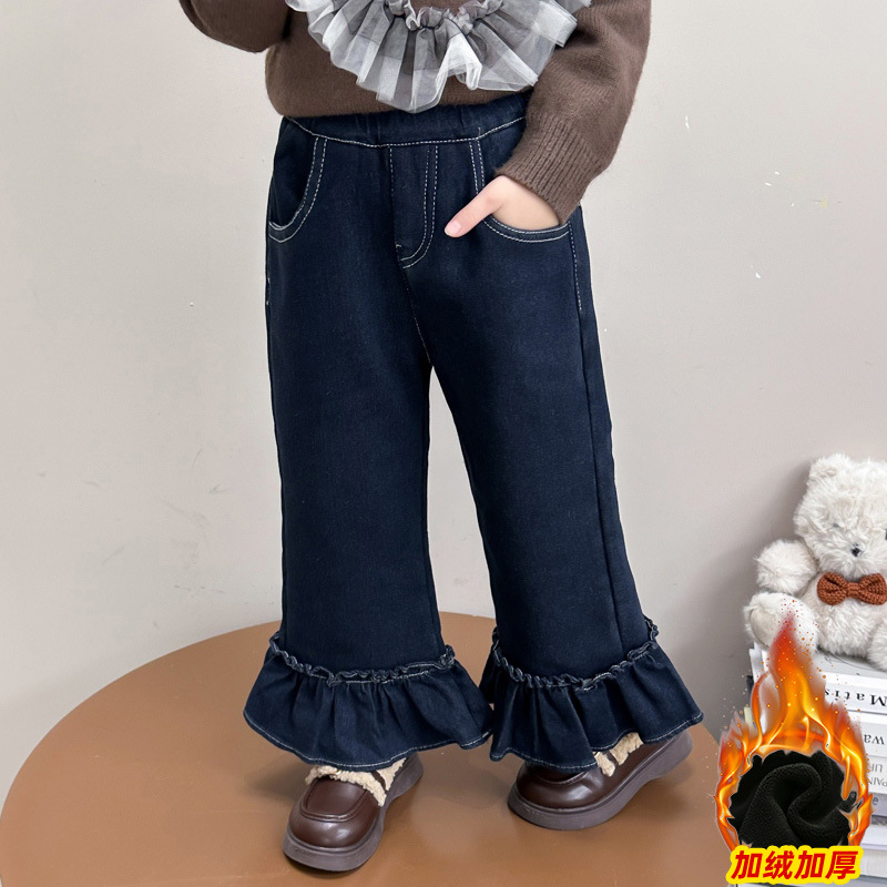 소녀 기모 청바지 가을 겨울 2024 새로운 어린이 겨울 원피스 벨벳 바지  의 서양식 플래 팬츠