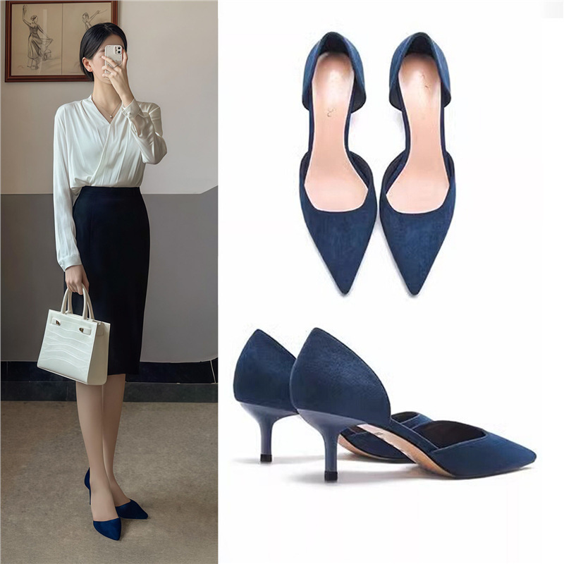 Hong Kong 2025 Spring New Blue French Style High Heels Pointed Toe Hollow Stiletto Closed-Toe Professional Women's Mid-Heel Shoes