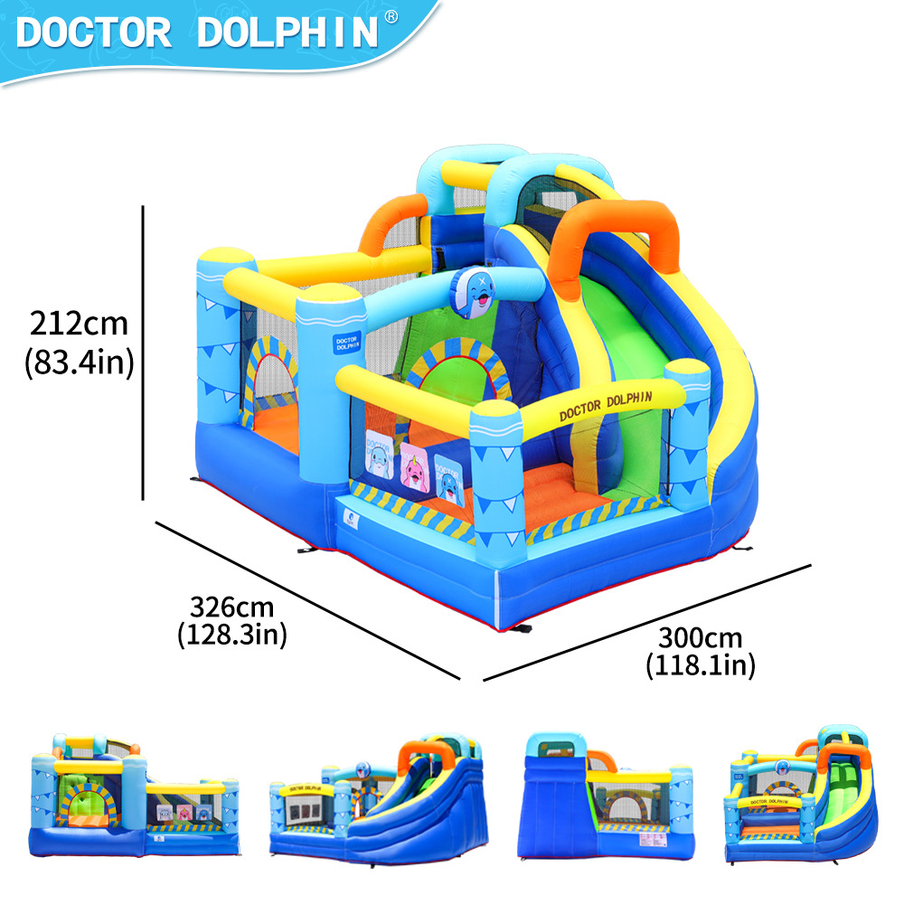 Castillo Inflable Doctor Dolphin, en Existencia, para Interiores y Exteriores, Tobogán Inflable, Trampolín Infantil, Castillo Inflable Combinado con Tobogán y Trampolín para el Hogar